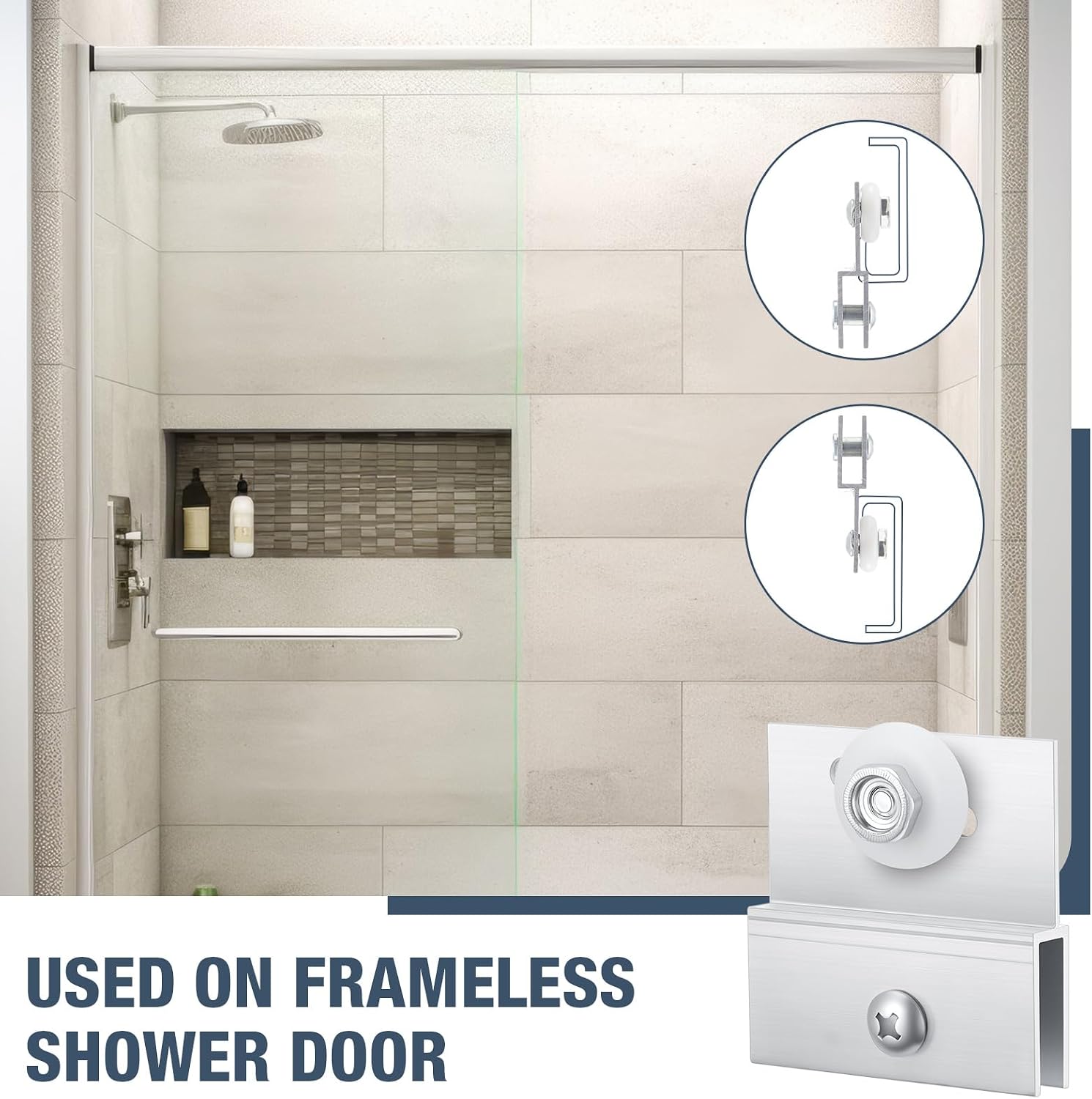 Yaocom 4 Pcs M 6054 Frameless Shower Door Rollers Top Bracket Roller Assembly, 3/4 in Round Plastic Wheel, Ball Bearings, Extruded Aluminum, Bright Finish, Chrome, 1/4 Inch Wide Inside