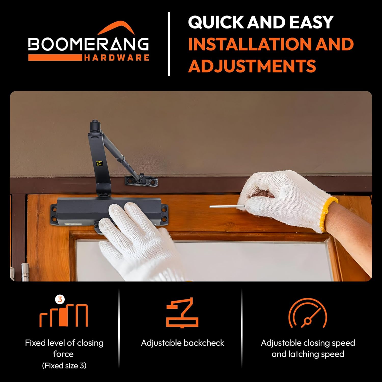 Boomerang Medium Duty Automatic Commercial Door Closer - D703 Hydraulic UL 3 hr. Fire Rated Closer, Surface-Mounted Size 3 for Home & Light Commercial Doors, Matte Black (US19)