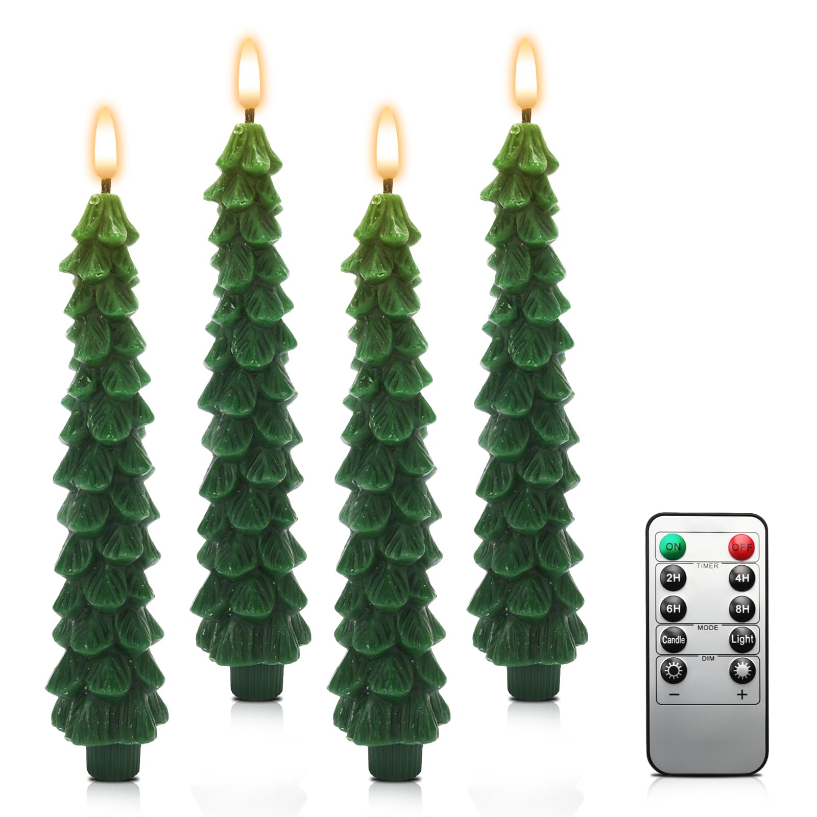 Roadtime, Candele per albero di Natale con telecomando e timer, 4 pezzi di candele LED in cera a bastoncino tremolanti, candele senza fiamma a batteria con stoppino 3D, candele verdi per decorazione