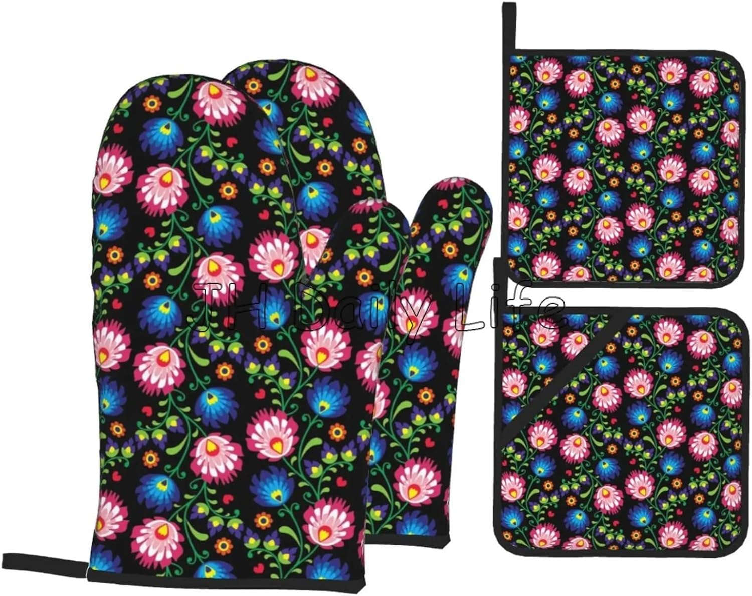 Poland Polish Flowers Floral Folk Art Oven Mitts and Pot Holders Sets of 4 Heat Kitchen Gloves(8)