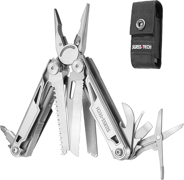 Swiss+Tech Multifunctional Pliers 16-in-1, Foldable Multi-Tool Multifunctional Pliers with Scissors, Saw, Bottle Opener, Screwdriver for Camping, Outdoor, Repairing, with Carry Bag