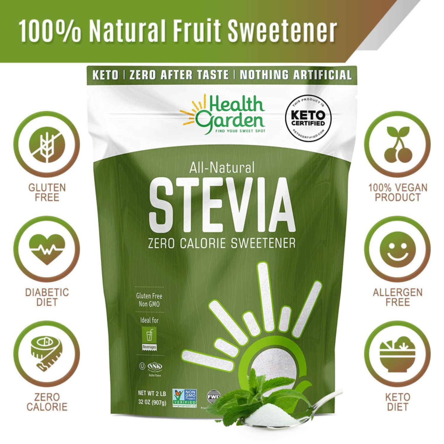 Health Garden Stevia Sweetener Powder - 4:1 Sugar Substitute - All Natural - Gluten Free - Keto Friendly - Tastes Like Sugar (2 lbs)