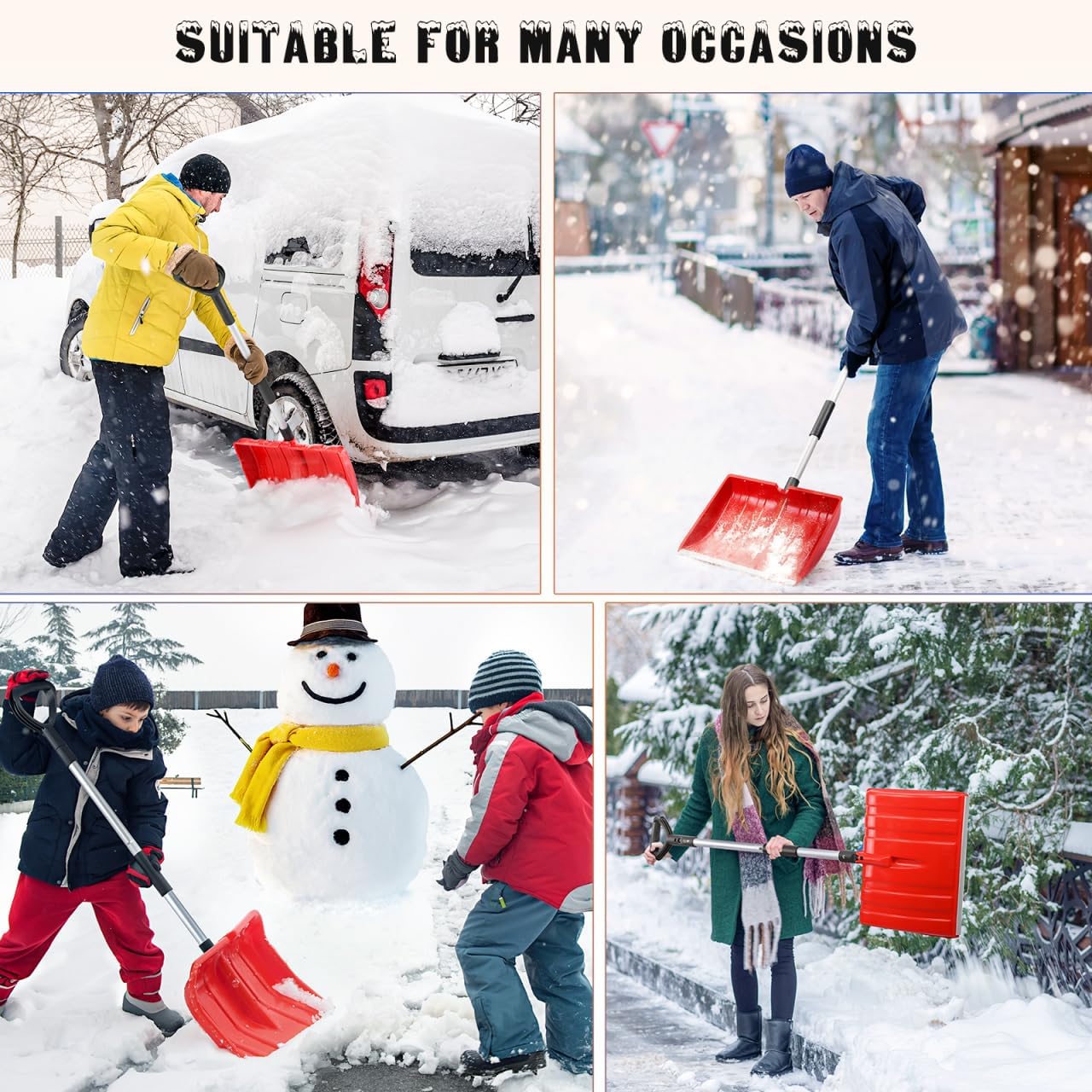 Large Snow Shovel with Adjustable Handle Lightweight Aluminum Snow Remover Tool Ice Scraper for Cars and SUVs Red