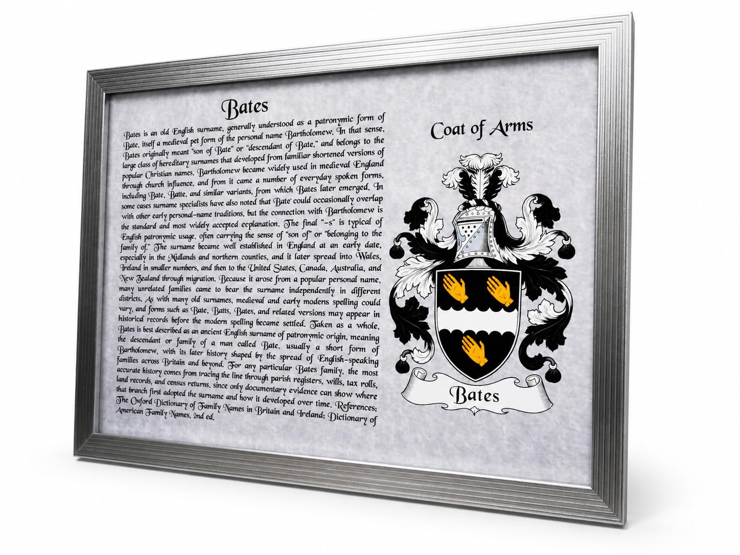 Ags-Designs Silver Your Personalised Surname Family History + Coat Of Arms Print In Frame