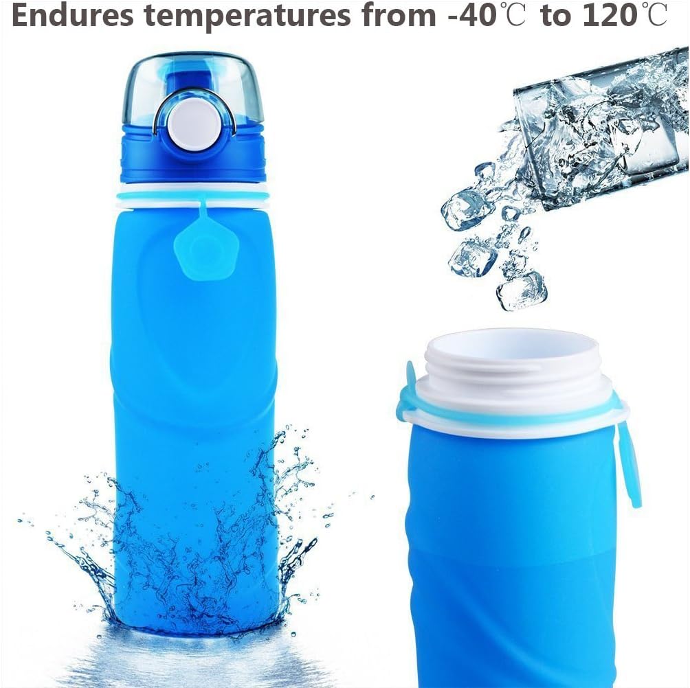 Collapsible Water Bottle 750ML/26 floz BPA Free Reusable Foldable Silicone Sports & Outdoor Water Bottles-Blue