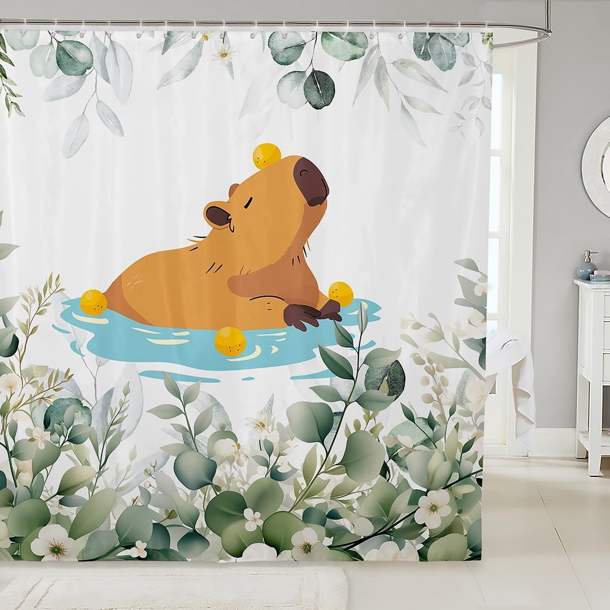Kawaii Capybara Shower Curtain for Boys Girls Cartoon Animal Bathroom Curtain, Eucalyptus Leaves Bath Curtain Cute Wildlife Shower Curtain Set, Tropical Botanical Plants Bathroom Accessories