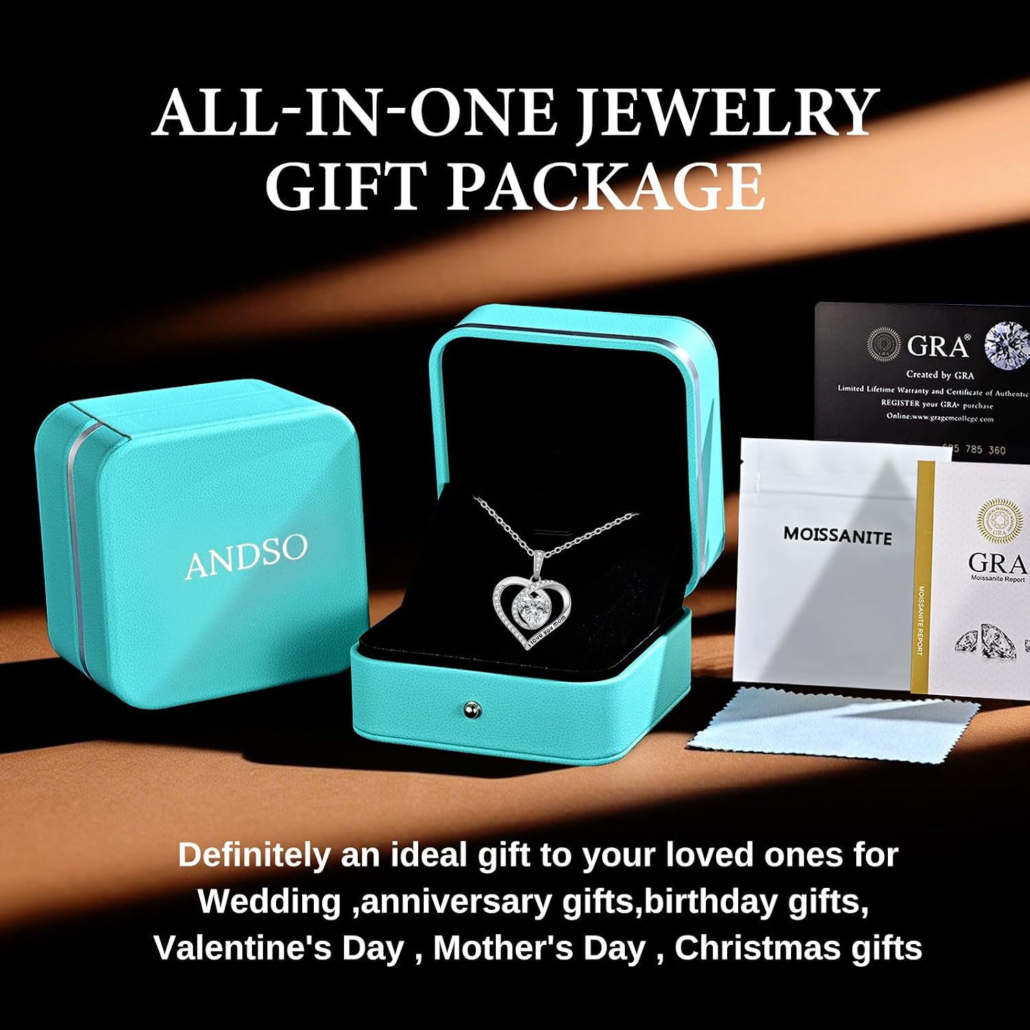 ANDSO 2 Carat Moissanite Eternal Heart Necklace for Mom, 925 Sterling Silver Plated Rhodium/Rose Gold, Engraved I Love Mom, Ideal Aniversary Birthday Jewelry Gifts for Woman Her