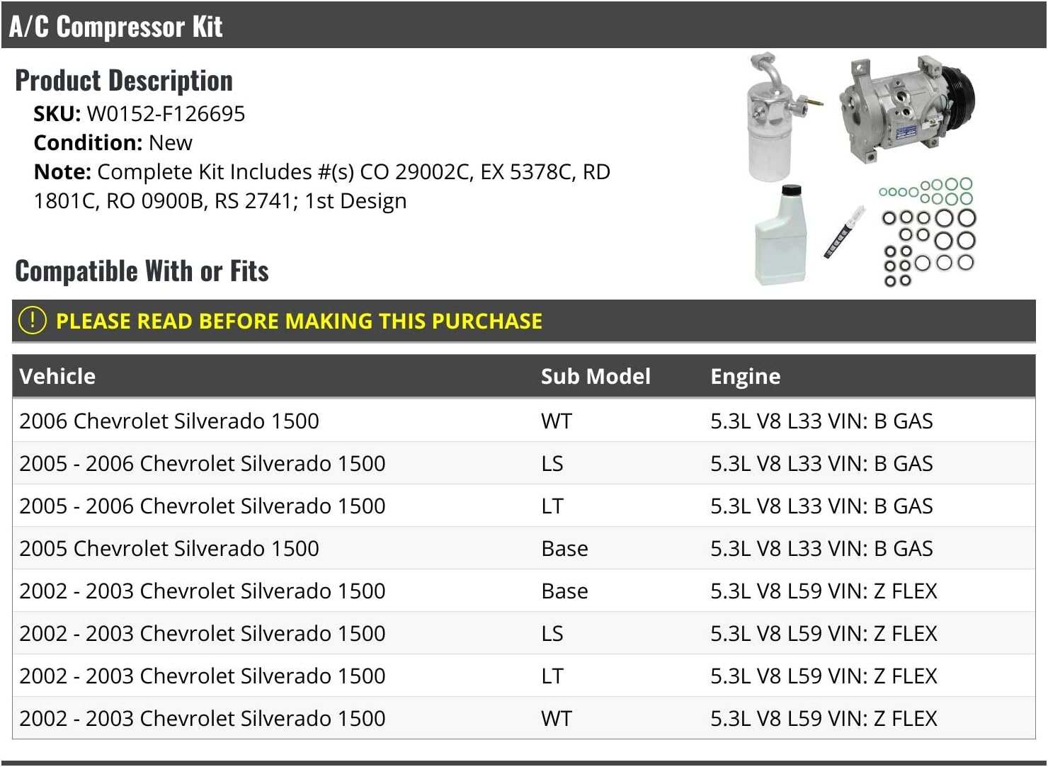 A/C Compressor Kit – Compatible with 2002-2003, 2005-2006 Chevy Silverado 1500 A/C Compressor Kit – Compatible with 2002-2003, 2005-2006 Chevy Silverado 1500