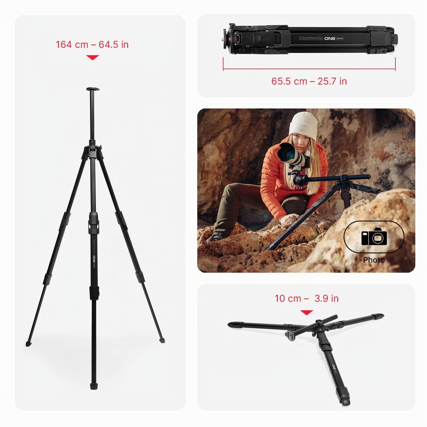 Manfrotto One Photo, Trépied Aluminium, Charge 12kg, Colonne Horizontale 90°, Jambes XTEND, Colonne Coulissante, Pieds Modulaires (Caoutchouc/Pointes), pour Appareils DSLR et Hybrides