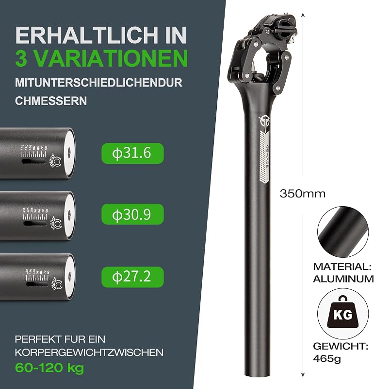 GEWAGE Rugós Nyeregcső - Alumínium Parallelogram Felfüggesztés, 30.9 mm, 350 mm Hosszú, MTB és Trekking Kerékpárokhoz, Állítható Rugózással