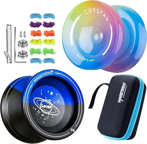 MAGICYOYO Paquete de 2 yoyos sensibles para niños principiantes, K2 azul, rosa, amarillo y V6 negro azul de doble propósito, kit de rodamientos de