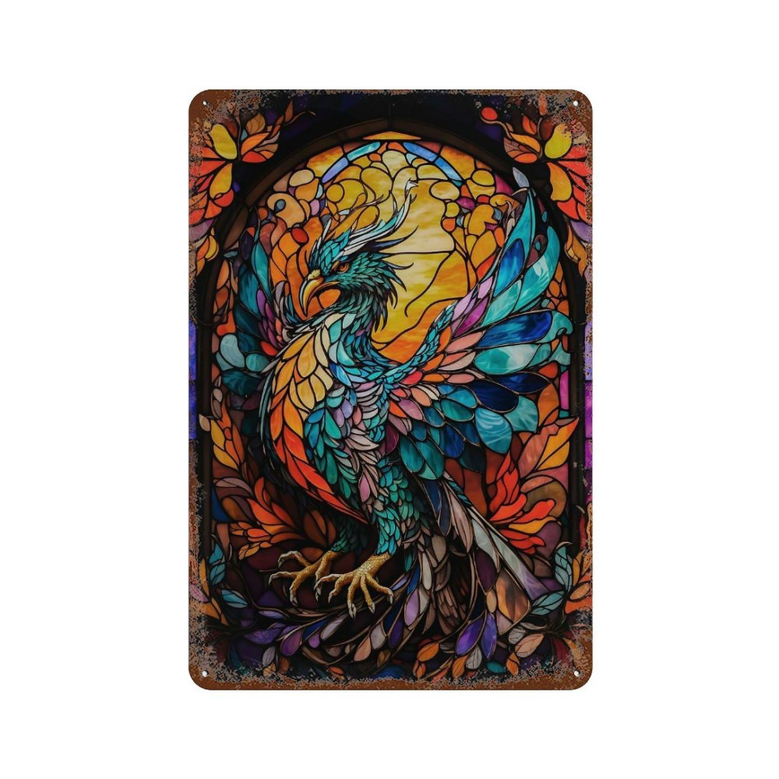 Distressed Metal Wall Sign Phoenix Stained Glass 11.8"x7.9", Shabby Chic Decor for Patio, Garden Room And Bar Decor
