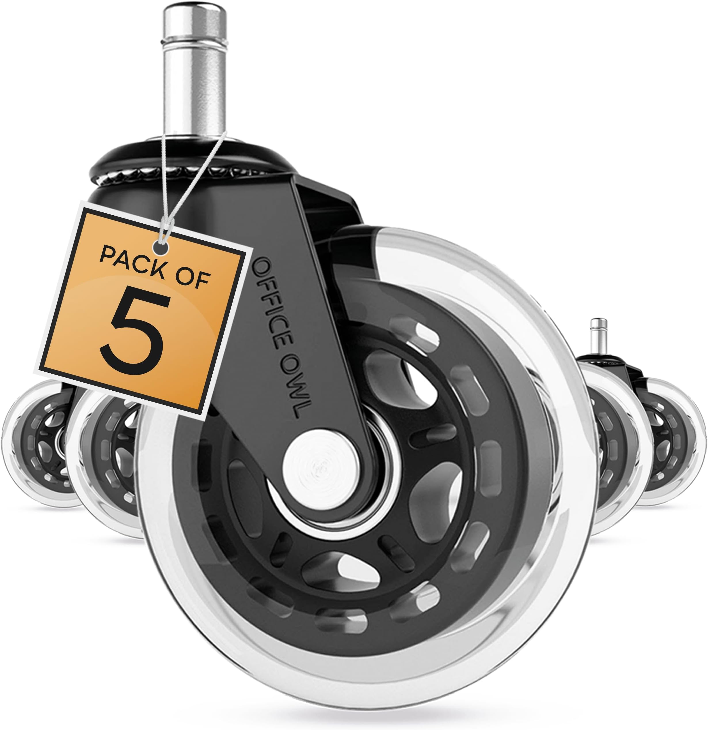 Rollerblade Office Chair Wheels, Set of 5 Replacement Casters for Desk and Gaming Chairs, Safe for Hardwood Floors, Tile, Laminate & Carpet, Support Up to 650 LBS, Easy Install, Universal Fit, Clear