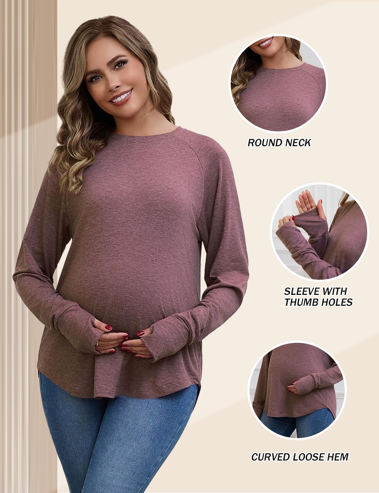 Bhome Camicette premaman, confezione da 3 pezzi, a maniche lunghe, per gravidanza, vestibilità ampia, casual, con fori per i pollici