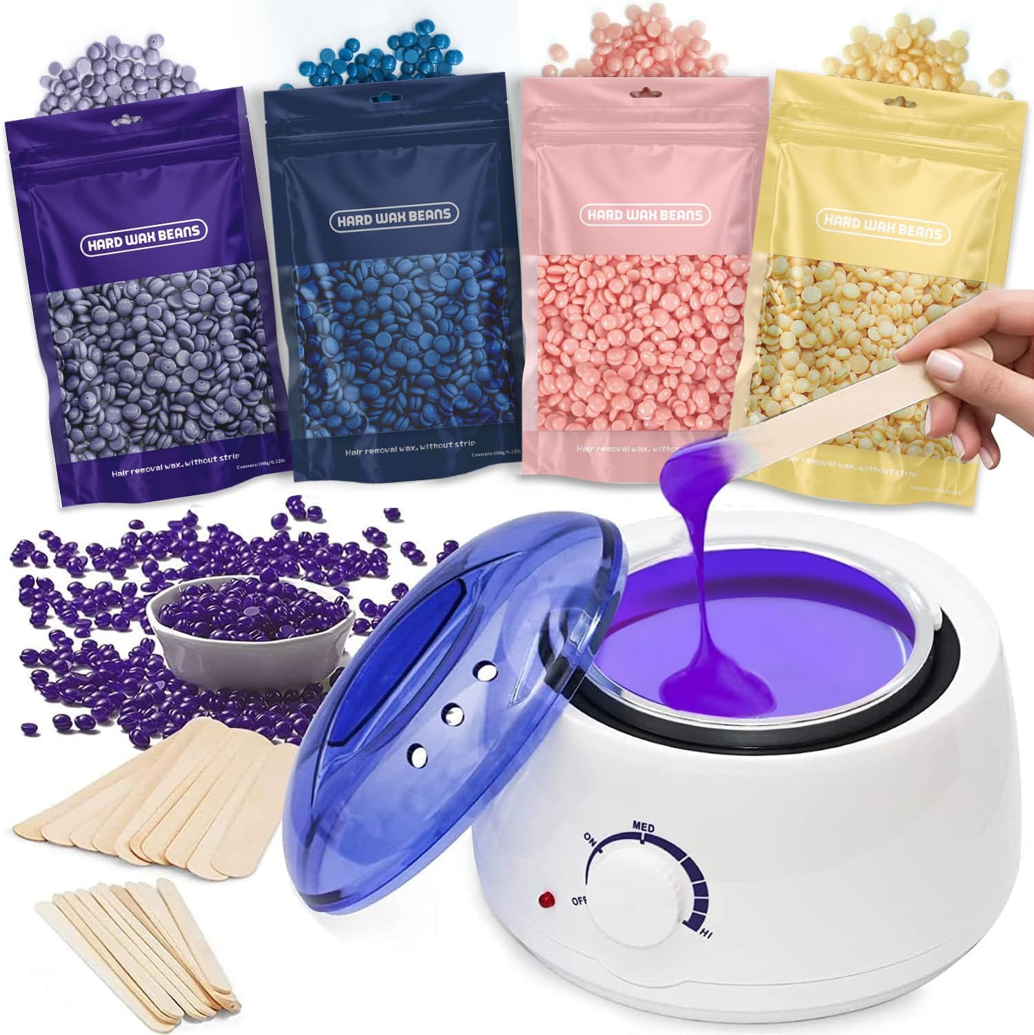 Waxing Kits Wax Warmer Full Kit, Wax Heater Kit with Wax Warmer, 4 * 100g Beads and 30 Pcs Spatulas, Painless at Home Wax Warme Hair Removal