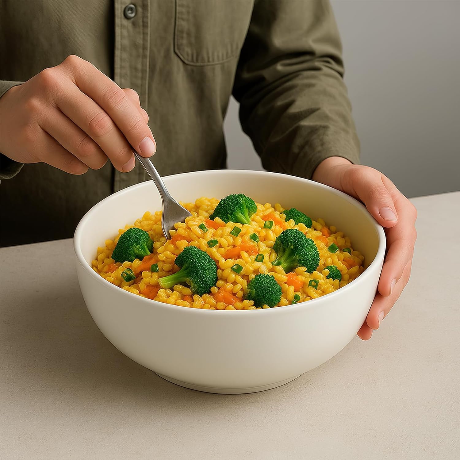 Malloom Lot de 3 grands bols à soupe de 1700 ml, bols à pho de 20 cm, en porcelaine blanc crème, parfaits pour les repas salés et le service
