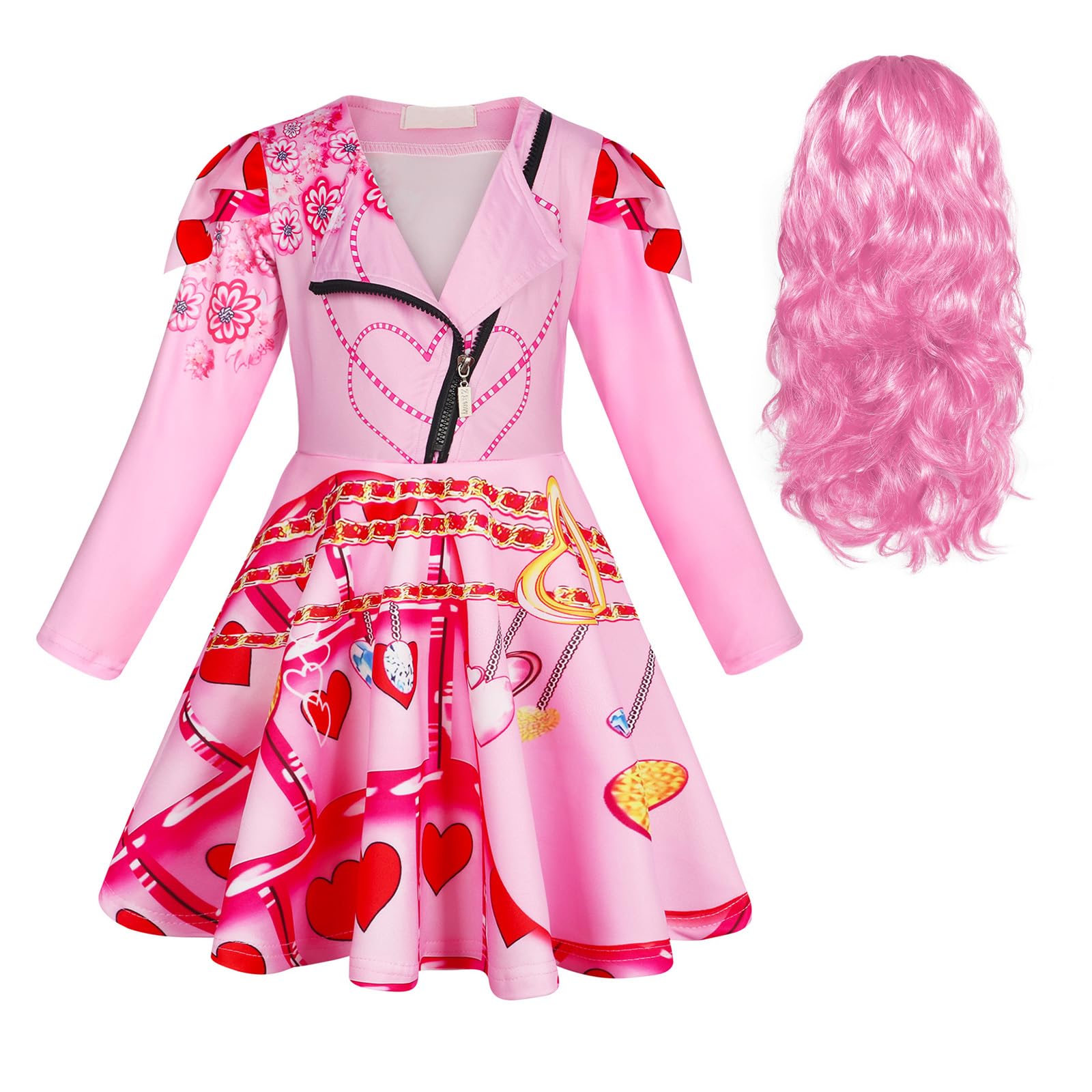 Berich Princess Pink Costume Kids Halloween Outfit with Wig Princess Dressing up World Book Day Costumes for Girls Role Play Pink Dress up 9-10 Years,140