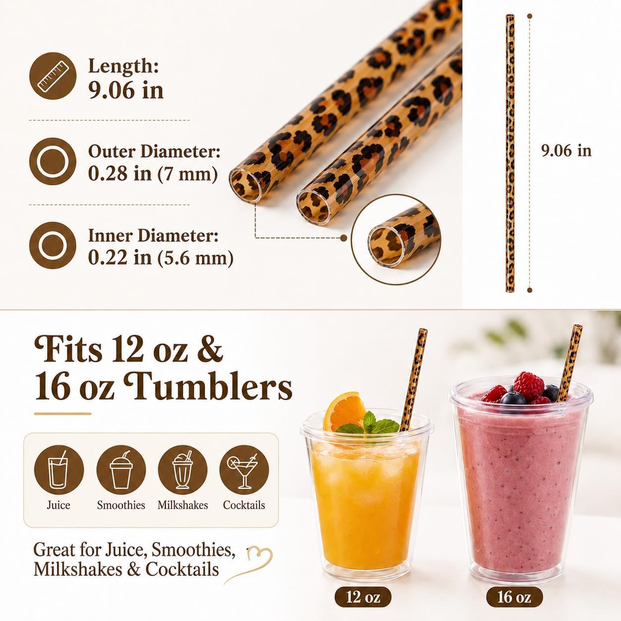 50 Pcs Reusable Leopard Print Plastic Drinking Straws with Cleaning Brush