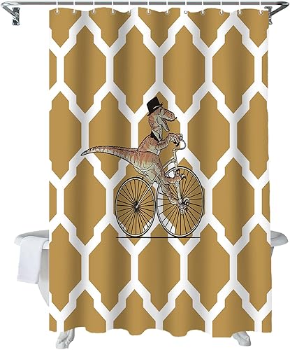 Vandarllin Divertida cortina de ducha con diseño geométrico de dinosaurio para bicicleta, juego de cortinas de ducha para niños con ganchos,
