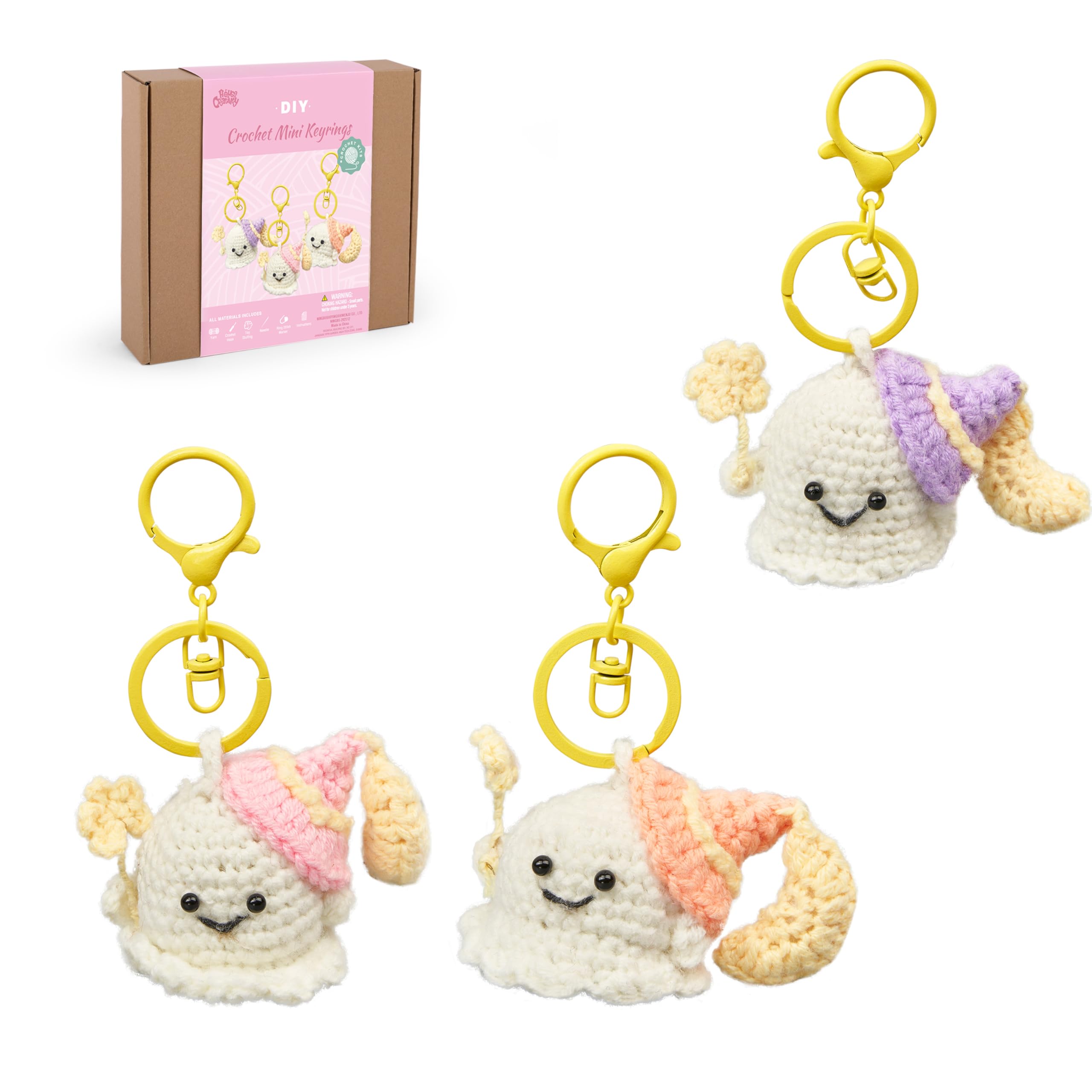 HOUSE CREATIVITY Crochet Keychain Kit for Beginners, Make 3 Mini Ghost Charms, Crochet Kits with Video Tutorial, Complete Set with Yarn, Hook &amp; Keyring, Cozy Stress Relief Gift for Adults &amp; Kids
