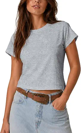 Women's Baby Tee, Cotton Stretch Cropped T-Shirts, Crewneck Basic Crop Tees, Casual Short Sleeve Tops for Women