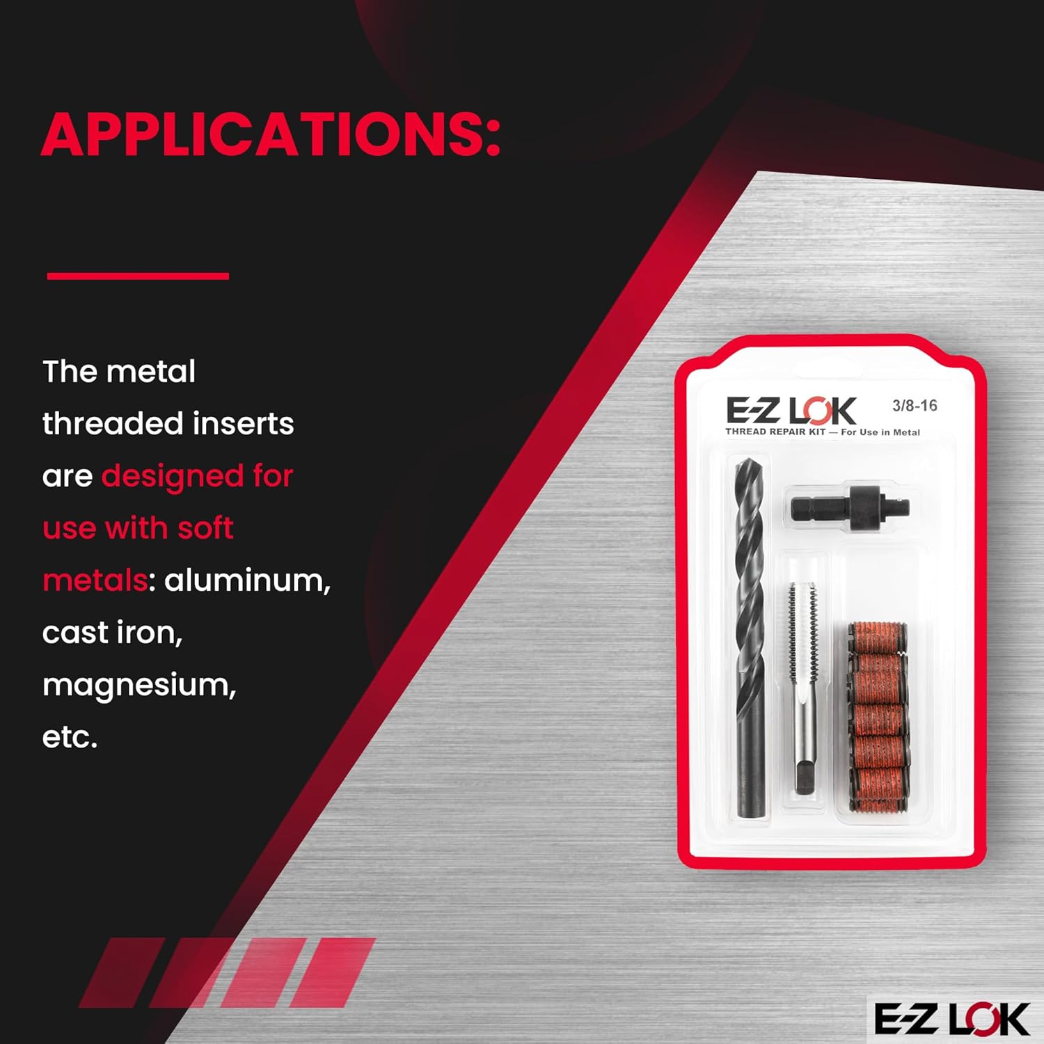 E-Z LOK Thread Repair Kit for Metal - Includes Threaded Inserts, Drill, Tap and Drive Tool, Standard Wall, 3/8-16 x 9/16-12 x 1.00 Length (EZ-329-601)