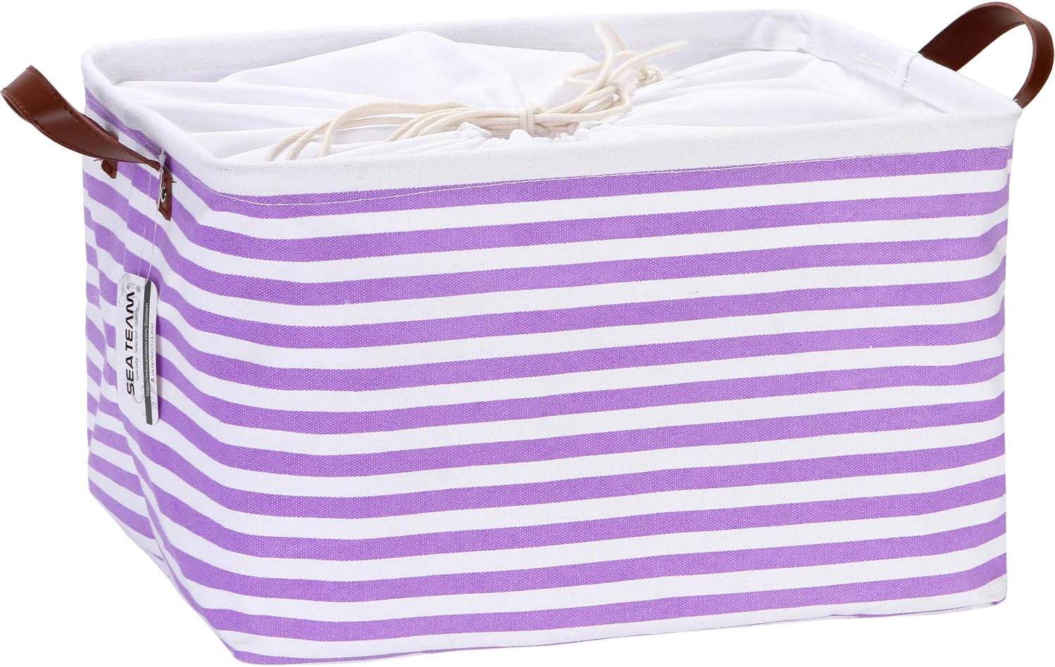 Sea Team Collapsible Rectangular Canvas Fabric Storage Bin Shelf Basket Organizer with PU Leather Handles and Drawstring Closure, 16.5 x 11.8 x 9.8 inches, Waterproof Inner Layer, Purple Stripe