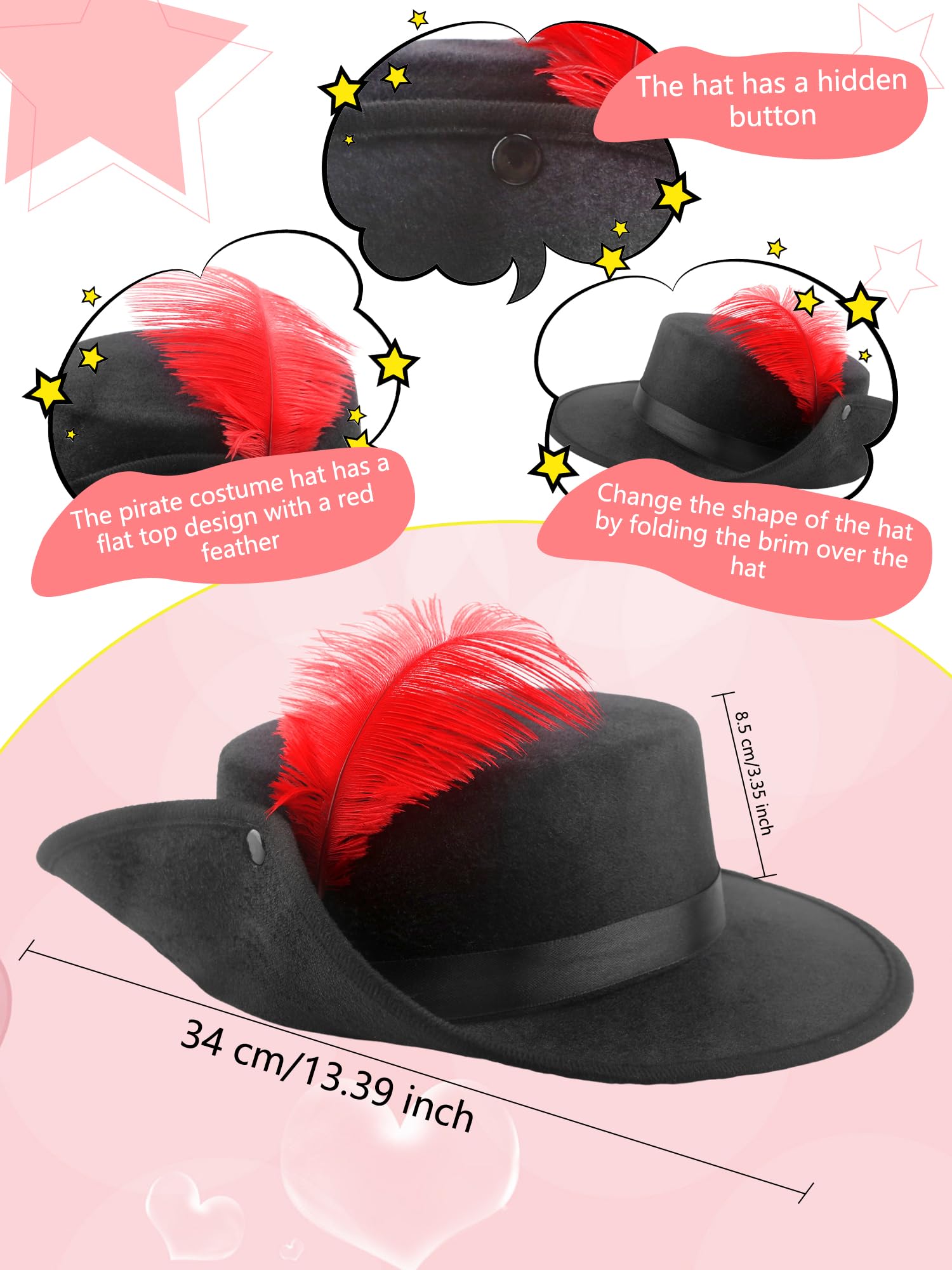 Skyebed 2 Pack Black Pirate Hat with Feather Pirate Costume Hat Flat Top Fedora Hat for Men Women Halloween Cosplay Party Costume Accessories