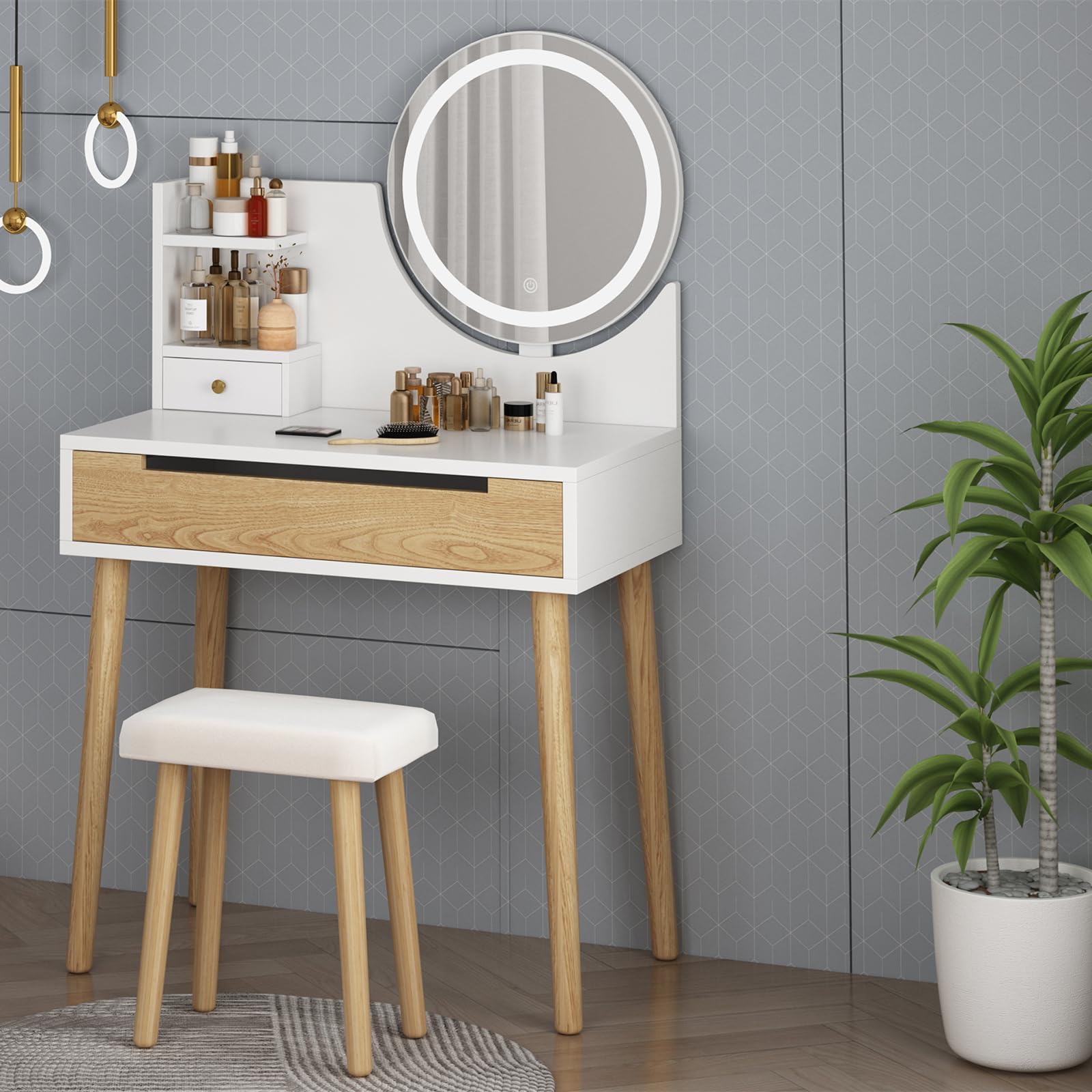 Garvee Schminktisch Mit LED Touch-Beleuchtung Und Spiegel, MDF+PU Frisiertisch, Moderner Kosmetiktisch Mit Aufbewahrung Für Schlafzimmer, Ankleidezimmer, Weiß