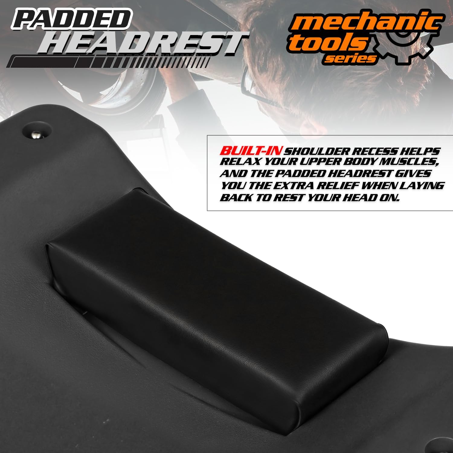 M-AUTO Mechanic Roller Creeper with Padded Headrest, Dual Tool Trays Rolling Creeper for Garage Shop Auto Work Repair, 40" Light Weight Mechanic Cart, Black