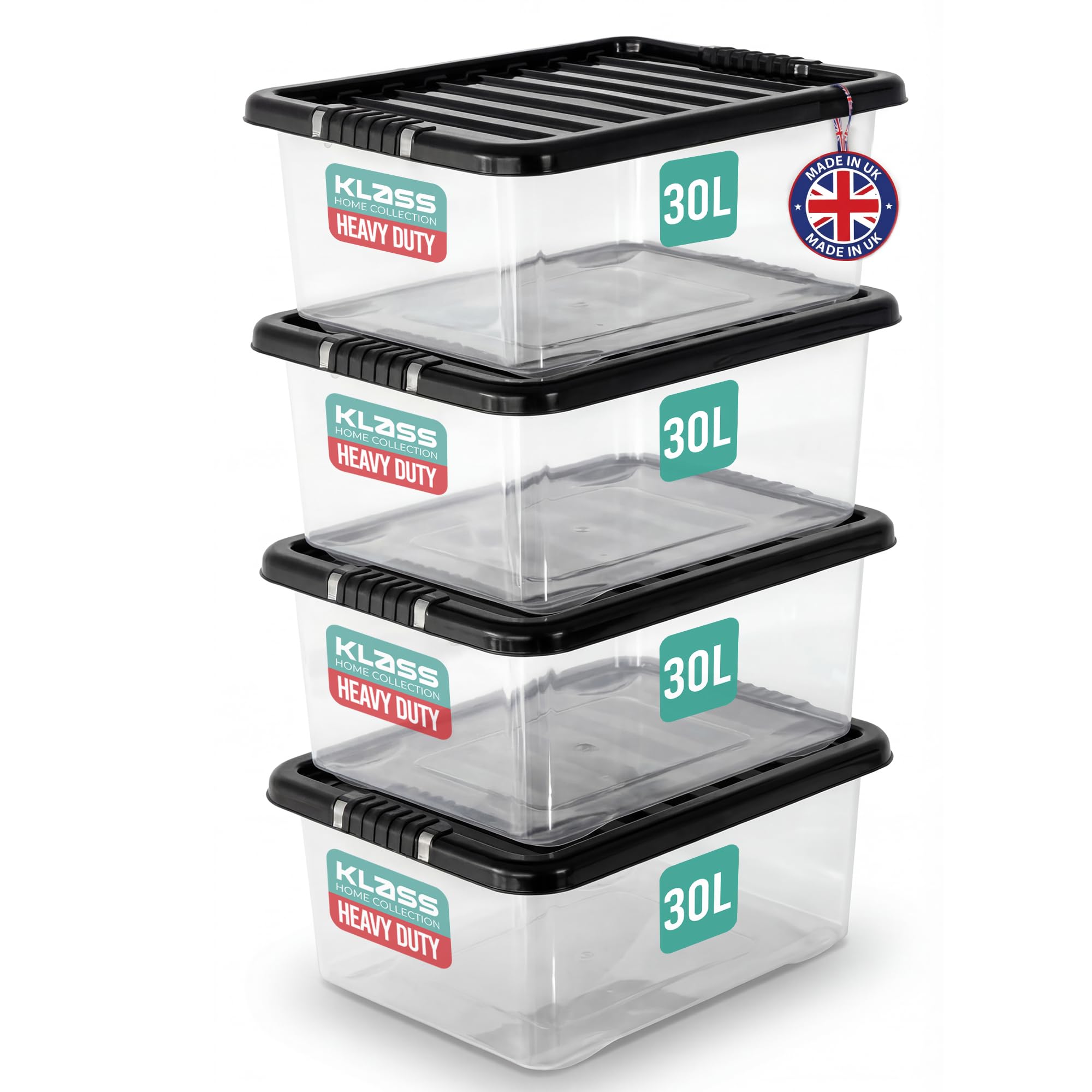 KLASS 4 x 30 Litre Underbed Storage Boxes with Lids Set of 4, Clear Multipurpose Nestable Stackable Plastic Storage Box With Lid 30L Clear Containers For Home, Kitchen, Garage, Office, Accessories