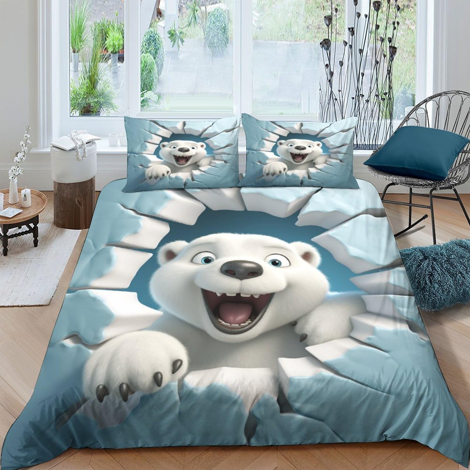 Housse de couette 3 pièces ours polaire 3D microfibre douce respirante 200x200cm