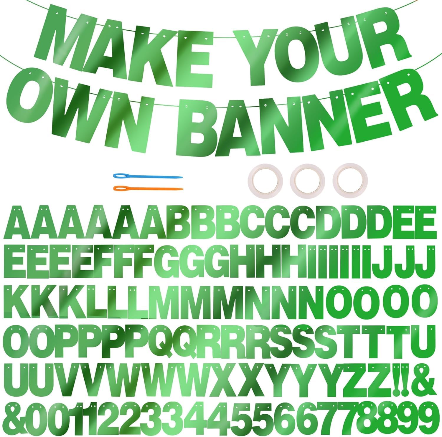 DecoGlee 116 PCS A-Z Glitter DIY Letter Banner Kit Make Your Own Banner，Including 111 Letters and Numbers 3 Rope and 2 Threading Device,Customized for Birthday Graduation Wedding Double-sided Green — image 1
