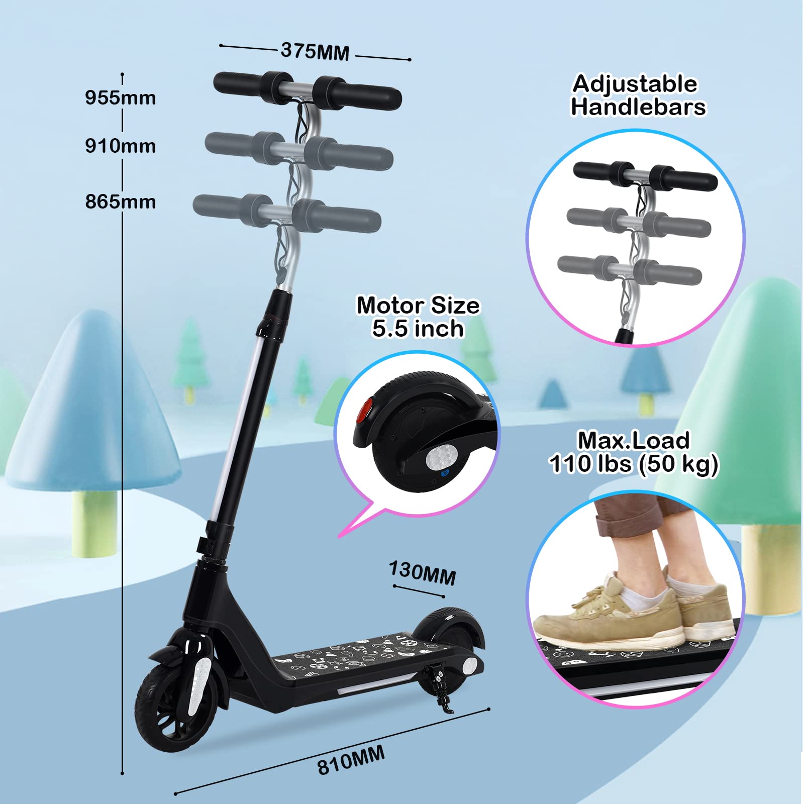 Patinete eléctrico para niños, dos modos de velocidad, tres niveles de altura, con indicador LED y luces LED, un regalo de dibujos animados para niños y niñas