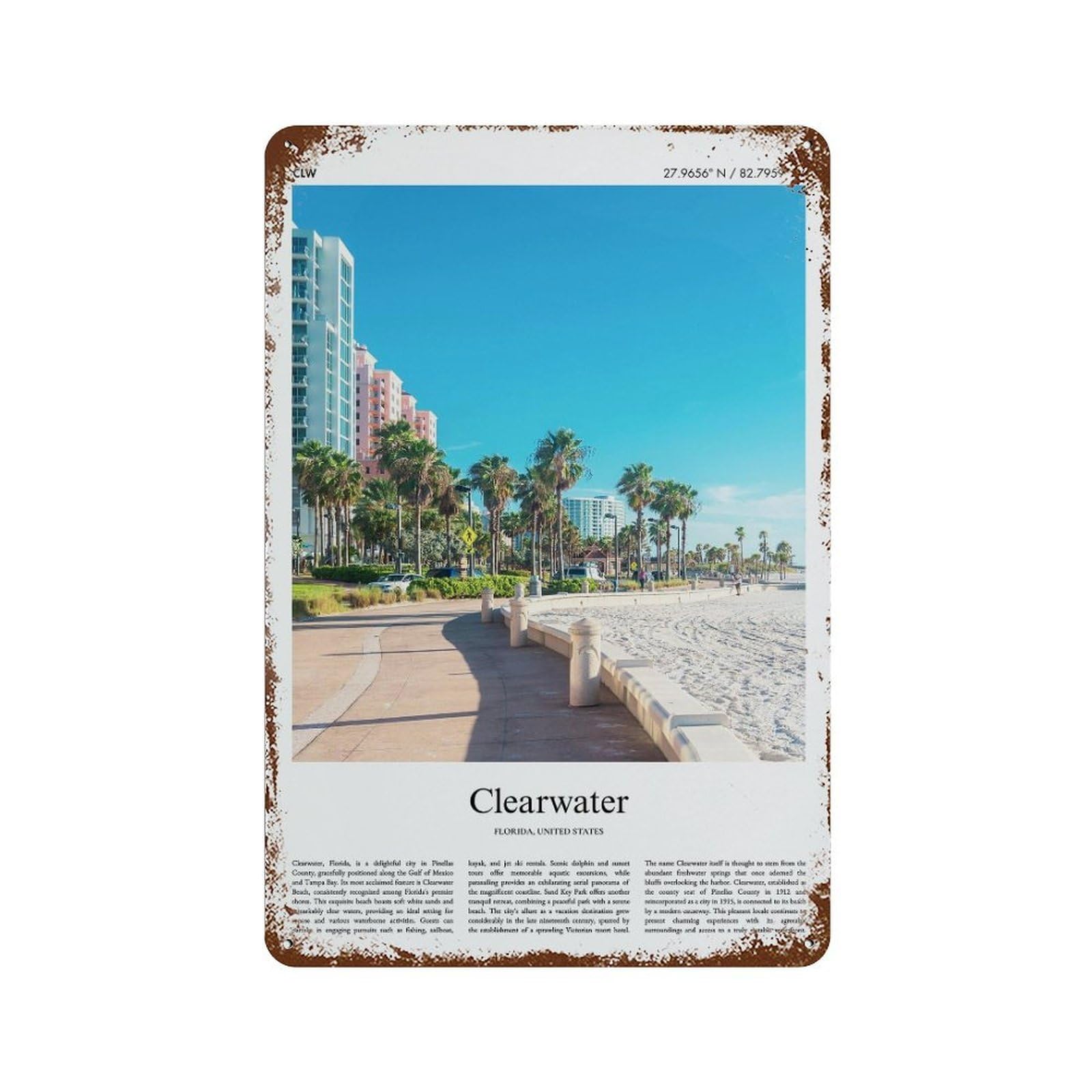 xiaoxiaoshen Clearwater Florida, United States, USA City Scenery Wall Decor Art Metal Tin Poster Modern Home Decor Art Home Bar Shop Decorations Vintage Sign 30x20cm