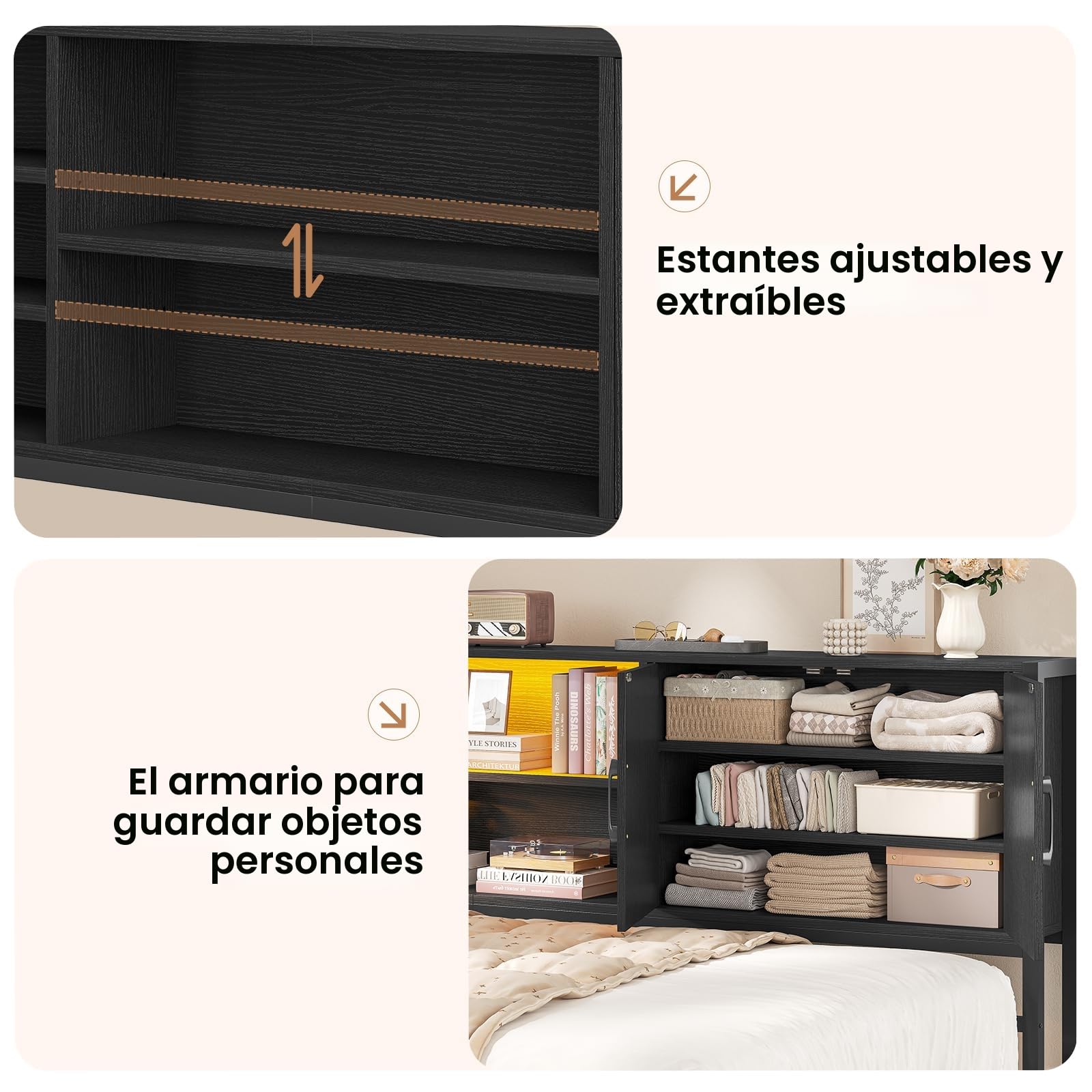 KIMENICH Cama tapizada sofá Cama 90 x 200 cm con iluminación LED, estación de Carga, Camas Juvenil con 2 cajones y somier de láminas de Metal, cabecero con Almacenamiento, estantes Abiertos, Negro
