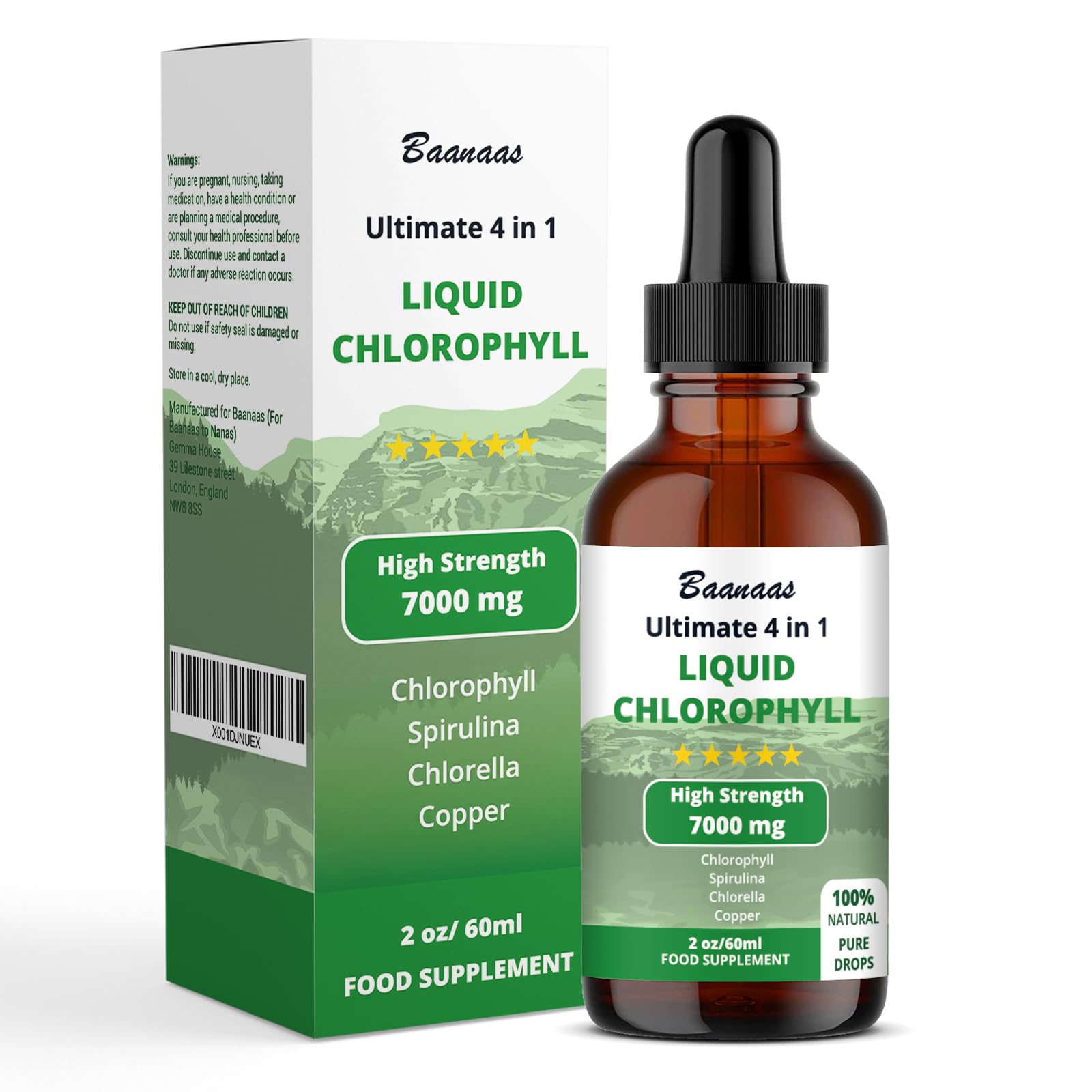 LIPOSOMAL Chlorophyll Drops, Chlorophyll Liquid, Face and Body Cleanser, Alcohol Gluten-Free Liquid Chlorophyll | Energy Supplement, Immune Support, Natural Deodorant, 60ml, Baanaas