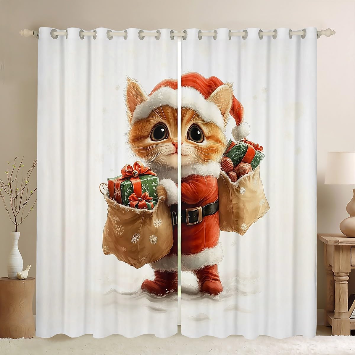 Manfei Cartoon Cat Kids Blackout Curtain,Merry Christmas Lovely Animal Nursery Bedroom Playroom Decor,Gift Box Festival Xmas Magical Window Drapes,White Red Yellow 2 Panels,46Wx54L inch