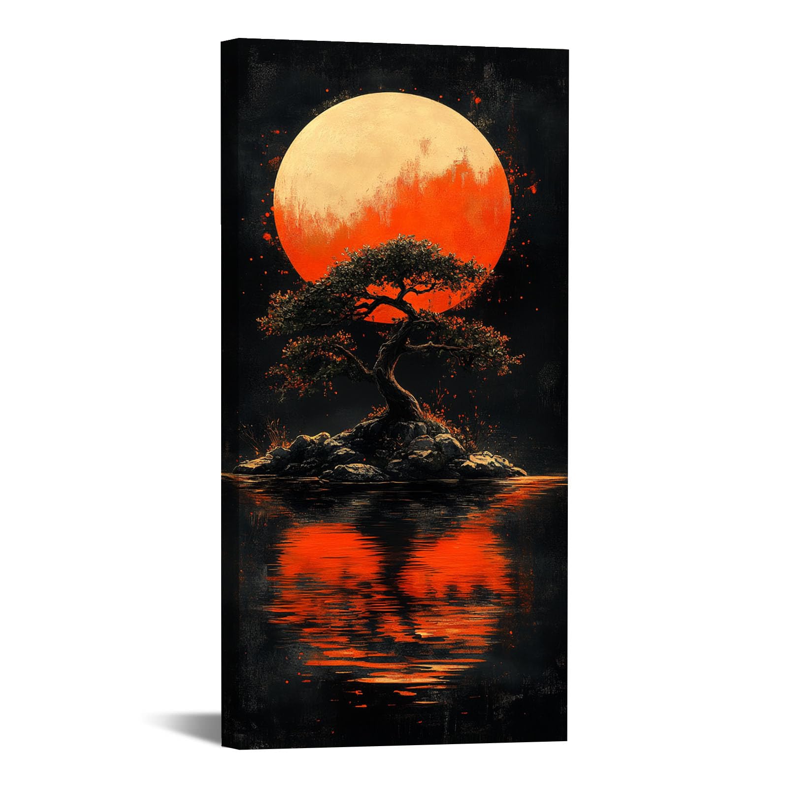 JOSUE Obrazy na płótnie, motyw drzewa, księżyc, rustykalne niebieskie obrazy ścienne do łazienki, salonu, dekoracja (pomarańczowe 5) - 40 x 80 cm, oprawione