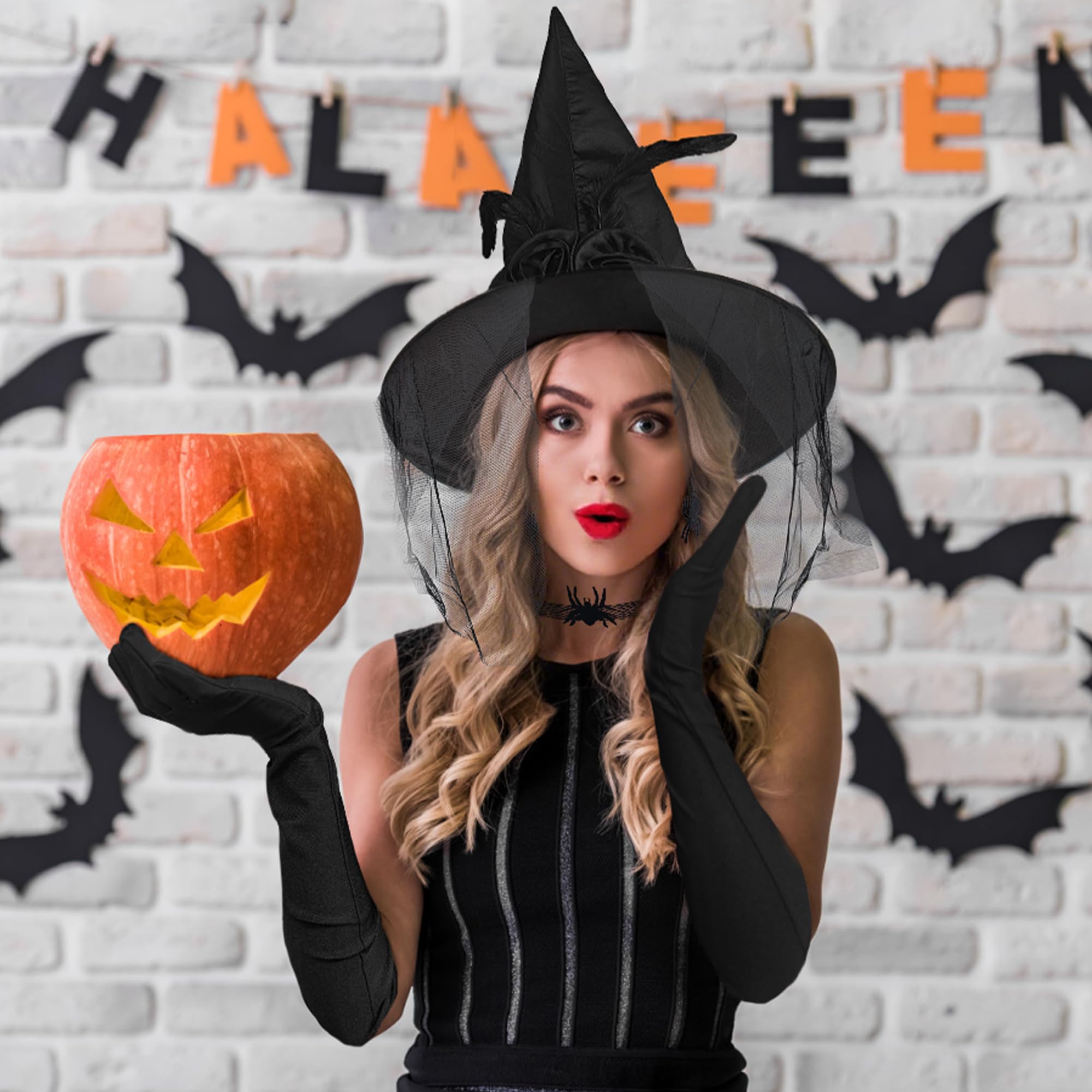 Alaxciax Witch Hat Costume Accessories, Black Witches Hat with Gloves Earrings Choker Necklace for Women Halloween Cosplay Party - Image 2
