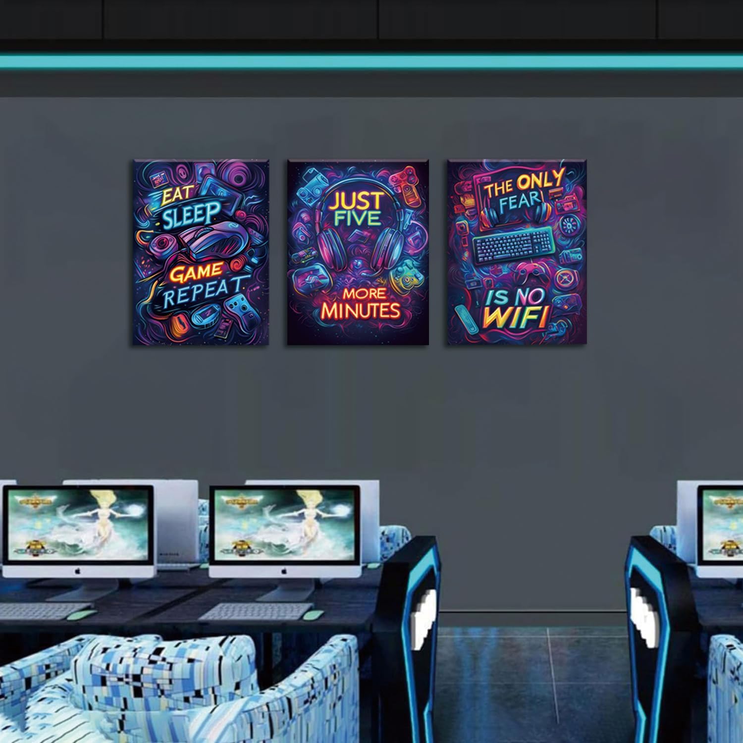 Yolbcdr Gaming Room Decor Video Game Wall Art Neon Posters Prints Set of 3 Gaming Sign Canvas Painting Playroom Cool Pictures Gamer Wall Decor for Boy Teen Men Bedroom Bathroom 12x16in Framed