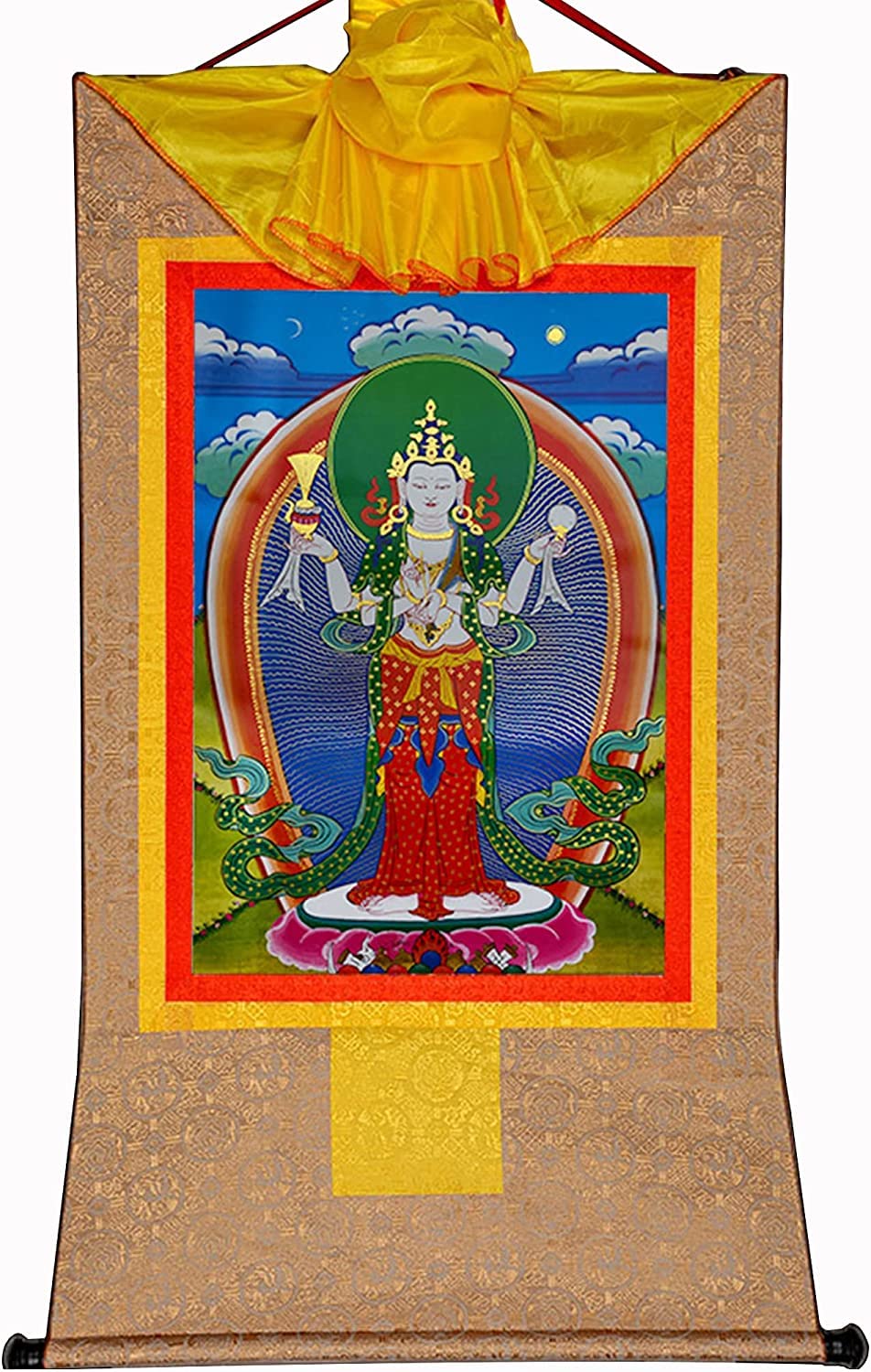 Element dekoracyjny. Czteroręki Awalokiteśwara, Padmapani, Czenrezig, Buddyjska Thangka Brocade(Beige,Small(35cm*27cm))