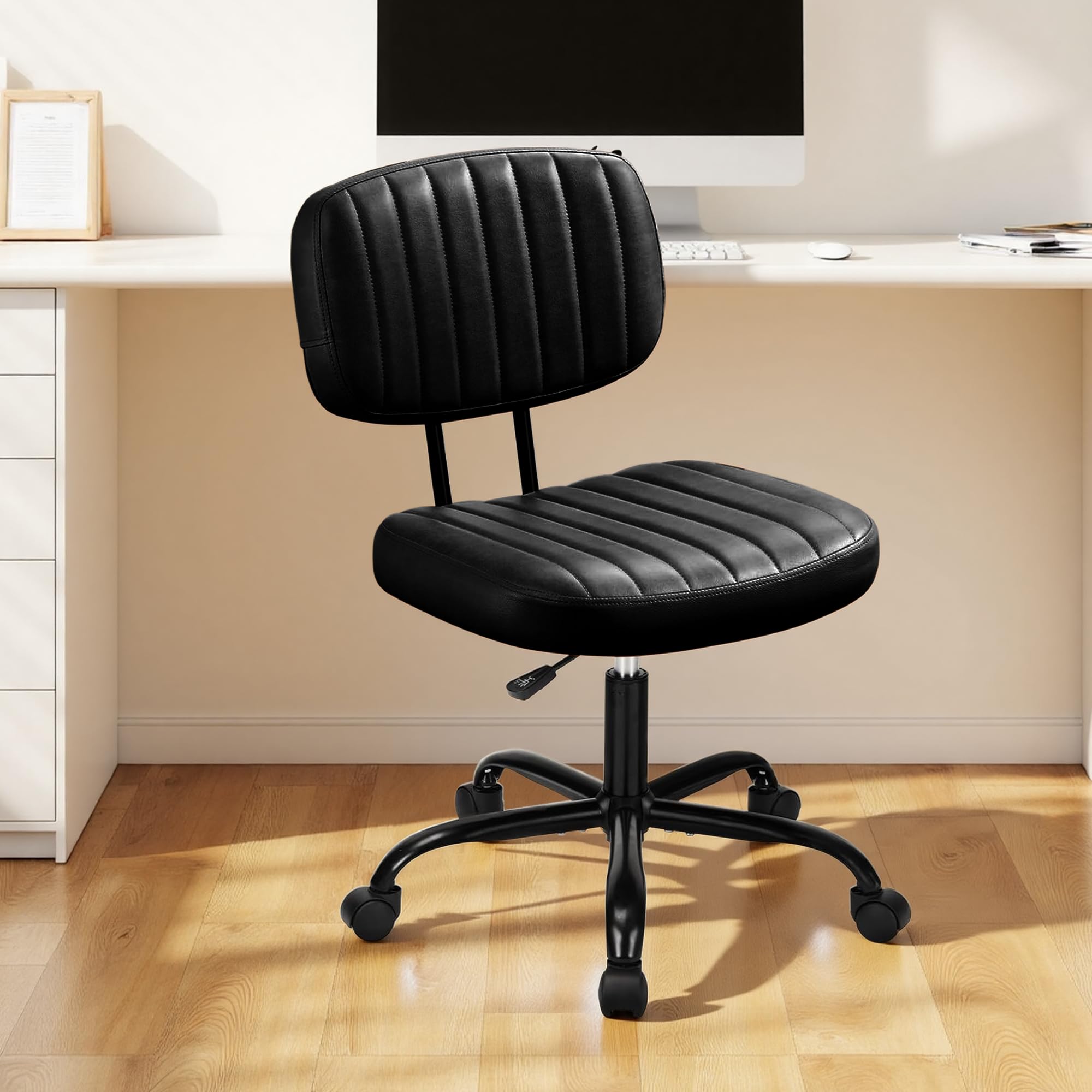 Swivel Rolling Office Chair Armless Pu Leather Vanity Chair with Back Lumbar Support Height Adjustable Computer Chair Small