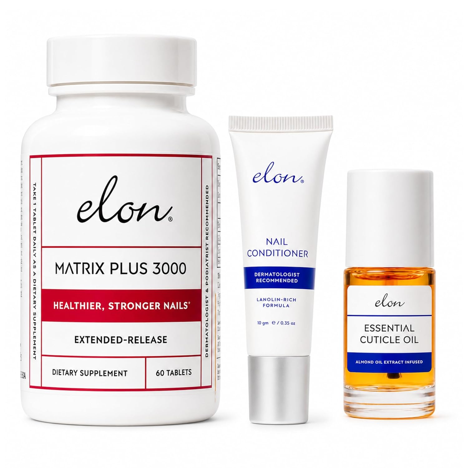 Elon Essentials Kit for Nail Health – Nail Care Kit w/Elon Nail Conditioner, Cuticle Oil & Matrix Plus 3000 Biotin Supplement – Repair, Strengthening & Moisturizing