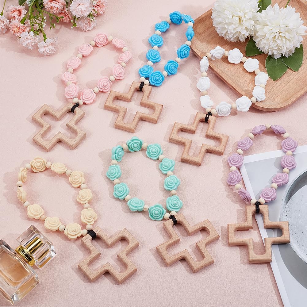BENECREAT 6 Pcs Cross Silicone Rosary, Floral Silicone Beads Baptism Gifts, Baptism Party Supplies, Rose Beads Rosary, Cross Bracelet(6 Colors)