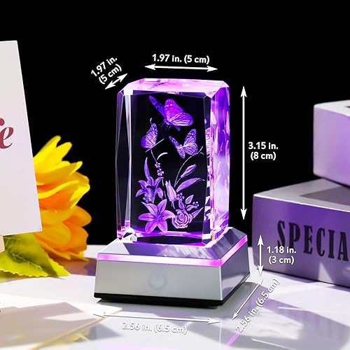 Miniatura 5 de YWHL Regalos de mariposa de cristal 3D para mujeres, figuras de mariposa y lirio grabadas con láser con base de luz para amantes de las mariposas,
