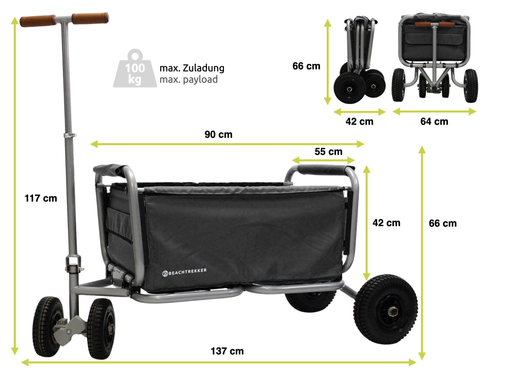 New Beachtrekker Life Chariot Pliable + Frein de stationnement, Chariot à Main Pliable avec pneus pneumatiques (Noir)