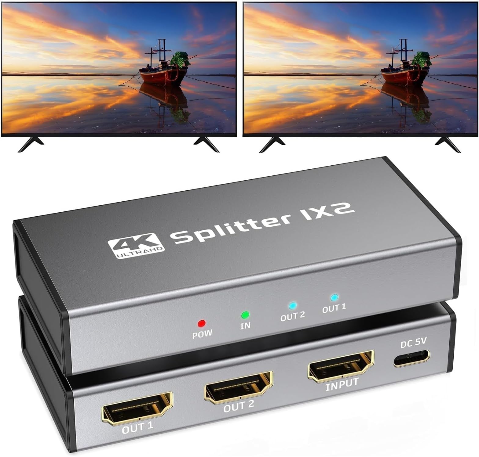 HDMI Splitter 1 in 2 Out, 4K@30Hz HDMI Splitter 1x2 Support 3D 1080P Full HD Compatible with PS5/4/3 Xbox Nintendo Roku HDTV Fire Stick Blu-ray Silver (Only Mirrors Screens)