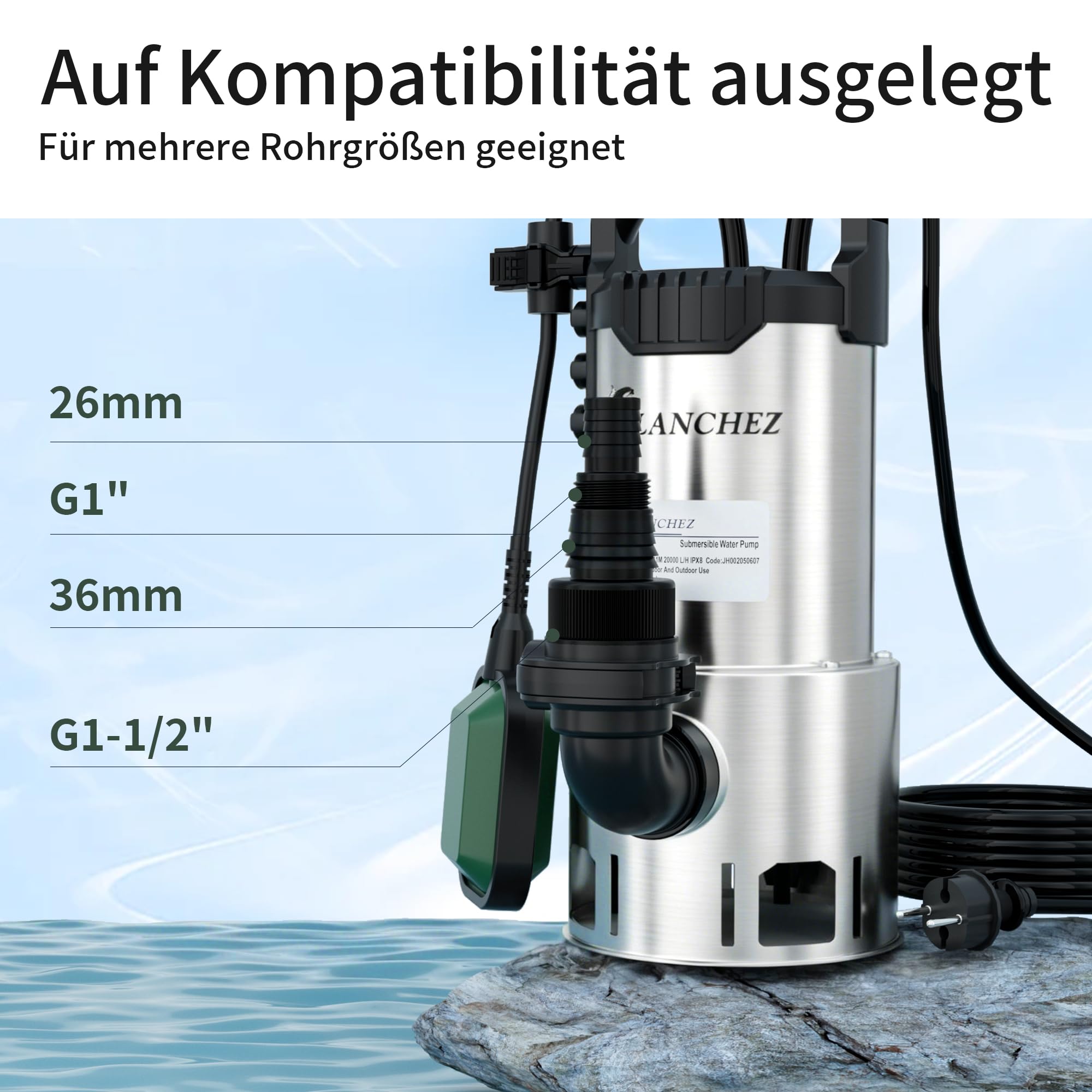 LANCHEZ Edelstahl Schmutzwassertauchpumpe 1100W, 20.000 l/h, Förderhöhe 11 m, Max durchlässige Partikelgröße: 3,5 cm, Einstellbarer Schwimmerschalter, Thermoschutz, für Pool, Schacht, Garten