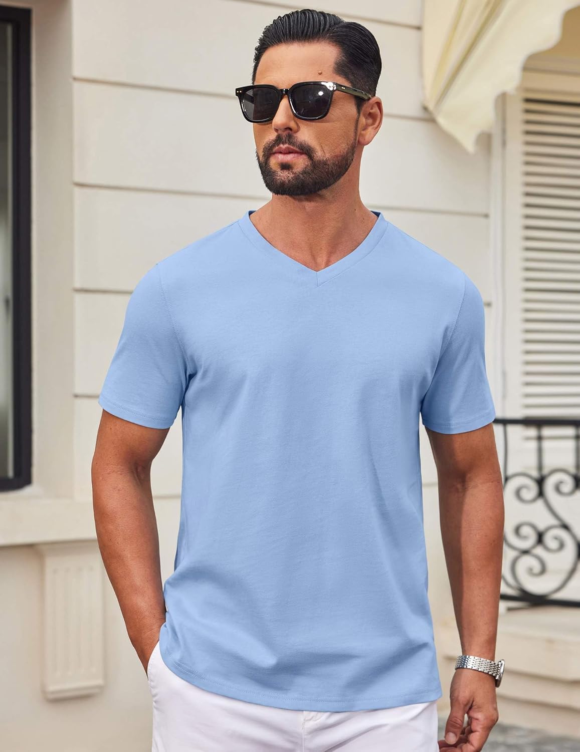 COOFANDY Mens T Shirts 100% Cotton V Neck Tee Shirt Plain Short Sleeve Casual Shirts - Image 2
